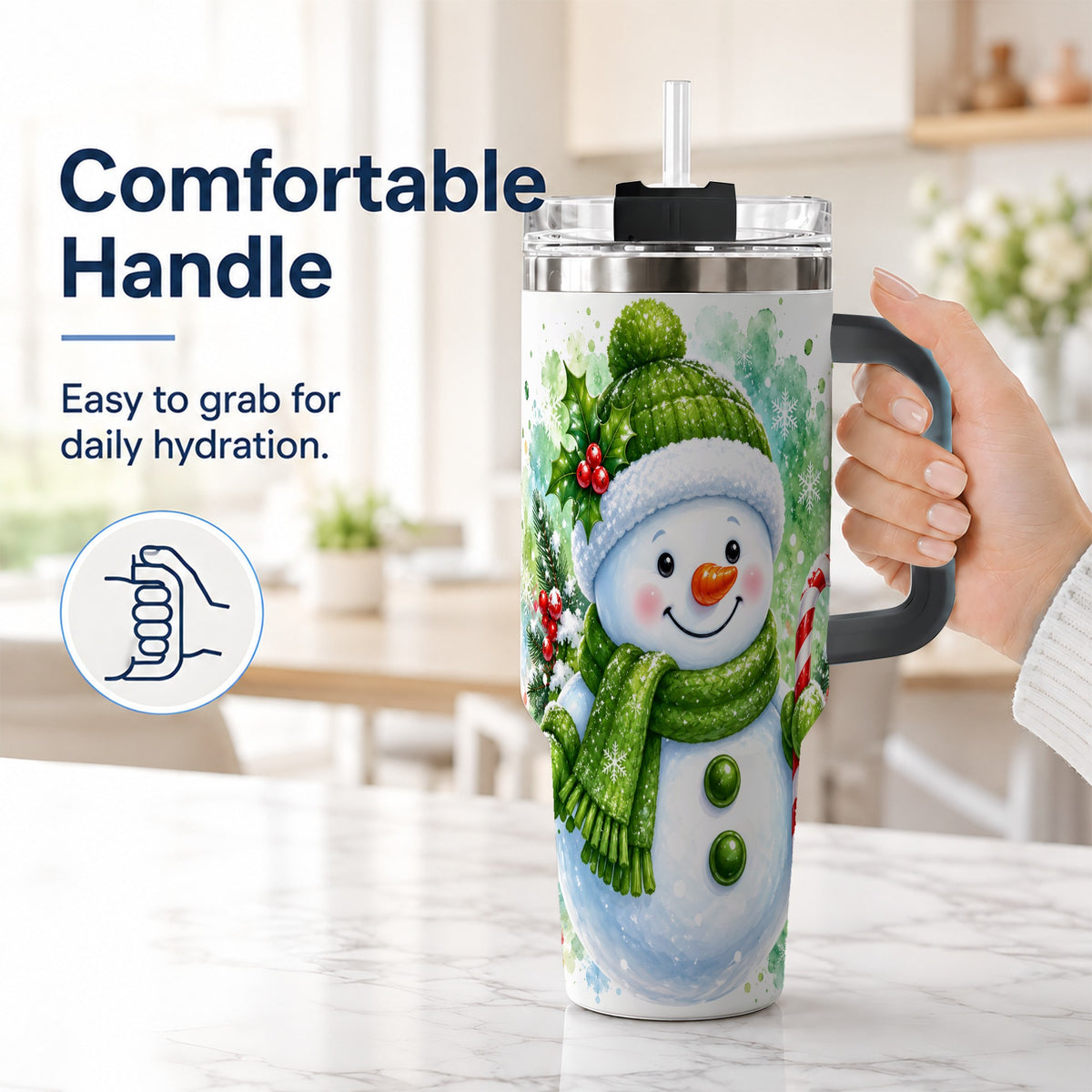 #pl[40oz|Black] Green Snowman 40oz Tumbler with Handle, Christmas Steel Travel Cup
