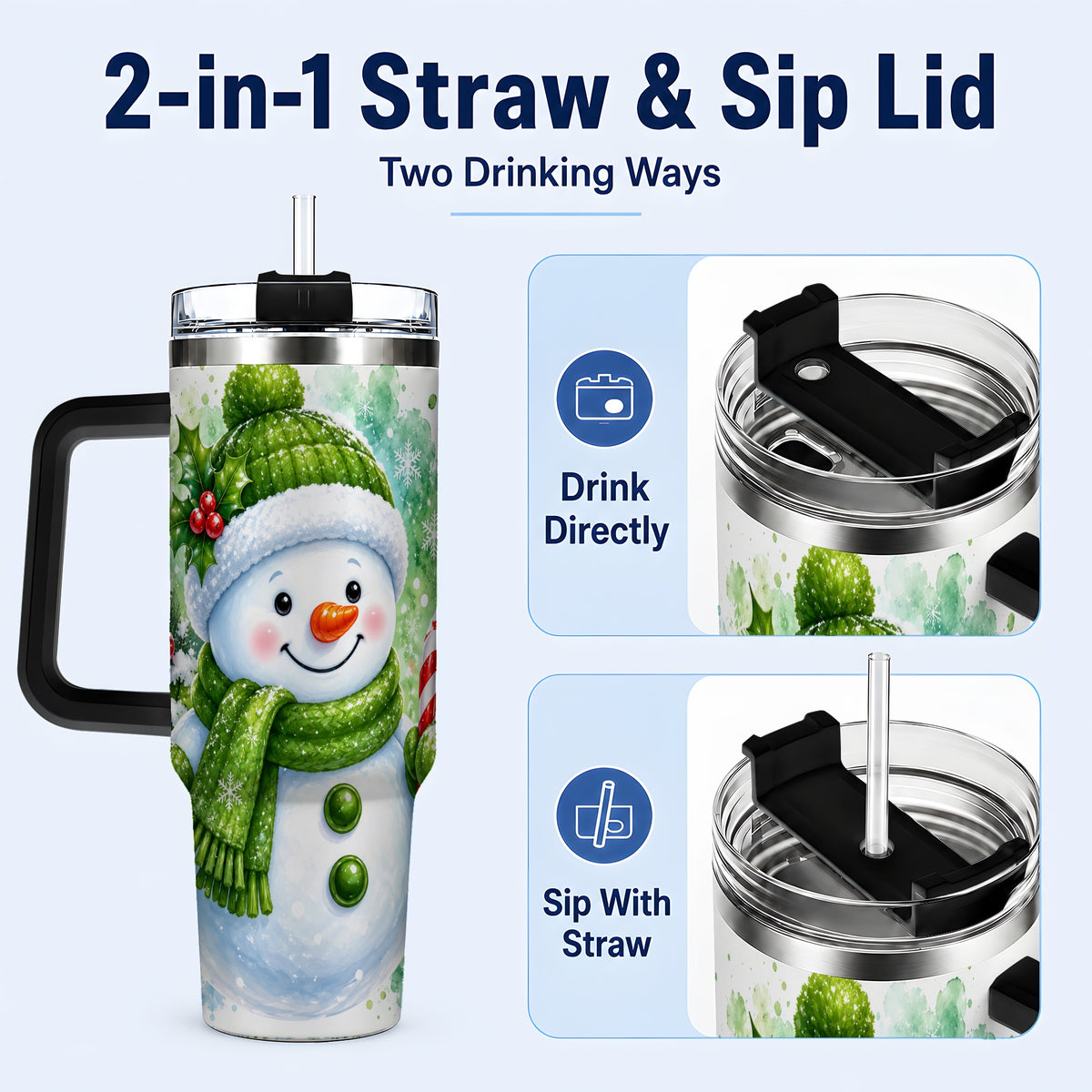 #pl[40oz|Black] Green Snowman 40oz Tumbler with Handle, Christmas Steel Travel Cup