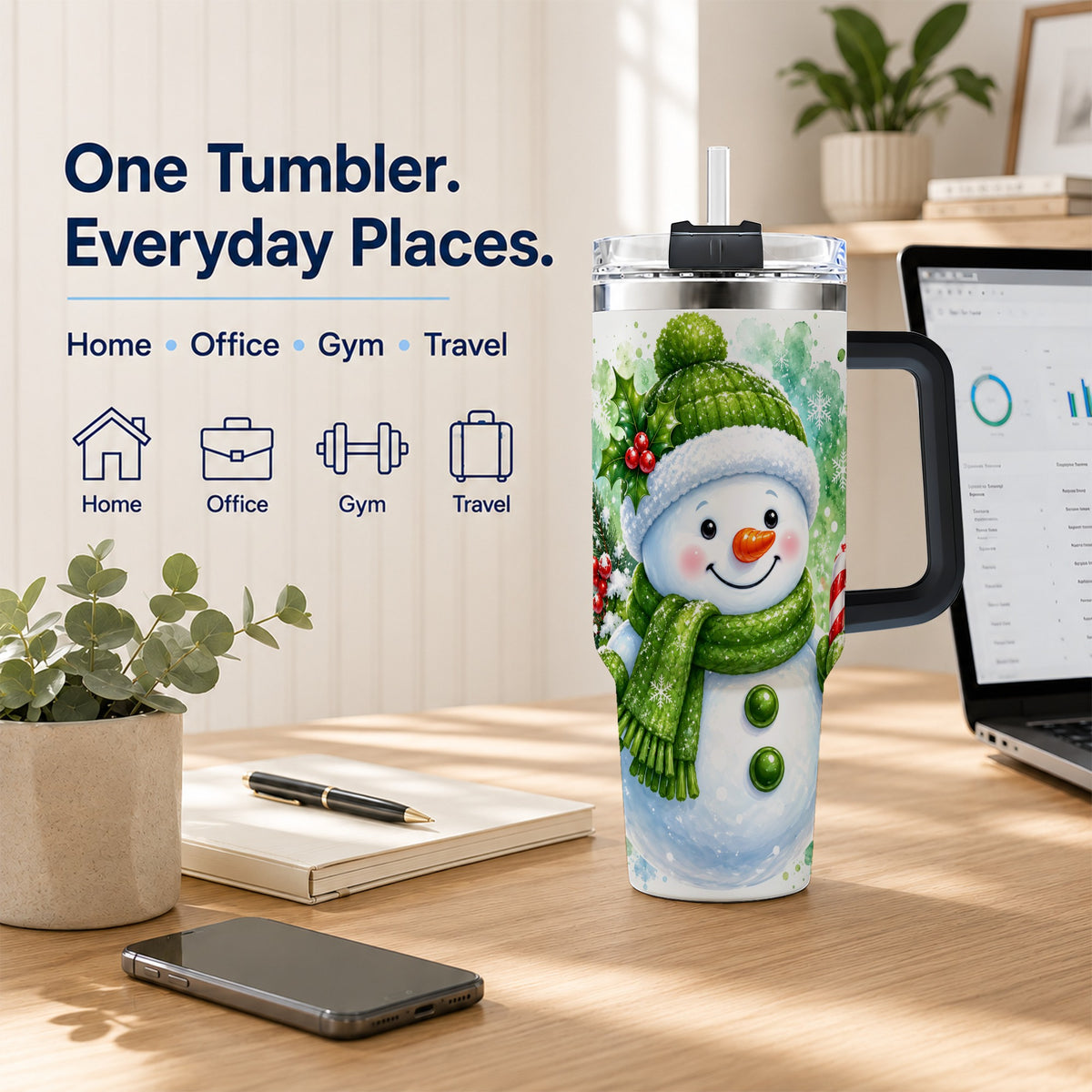 #pl[40oz|Black] Green Snowman 40oz Tumbler with Handle, Christmas Steel Travel Cup