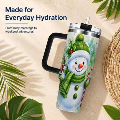 #pl[40oz|Black] Green Snowman 40oz Tumbler with Handle, Christmas Steel Travel Cup