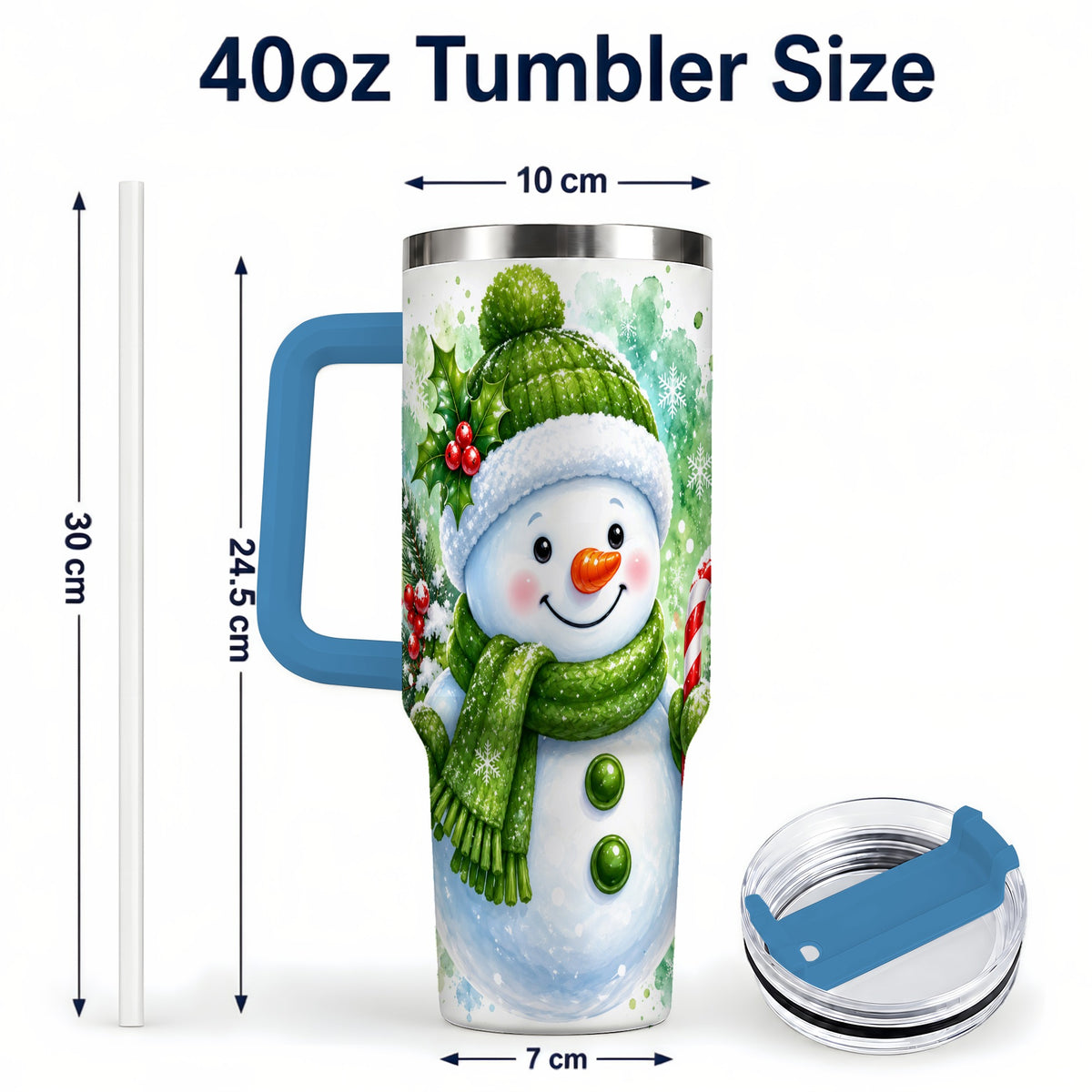 #pl[40oz|Blue] Green Snowman 40oz Tumbler with Handle, Christmas Steel Travel Cup