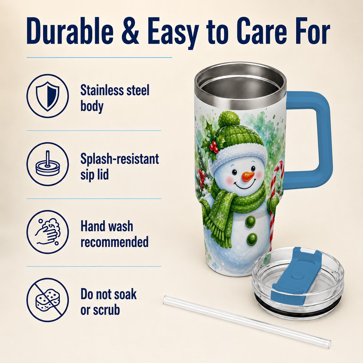 #pl[40oz|Blue] Green Snowman 40oz Tumbler with Handle, Christmas Steel Travel Cup