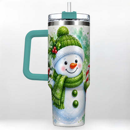 #pl[40oz|Green] Green Snowman 40oz Tumbler with Handle, Christmas Steel Travel Cup
