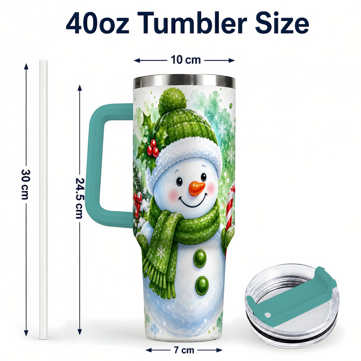 #pl[40oz|Green] Green Snowman 40oz Tumbler with Handle, Christmas Steel Travel Cup