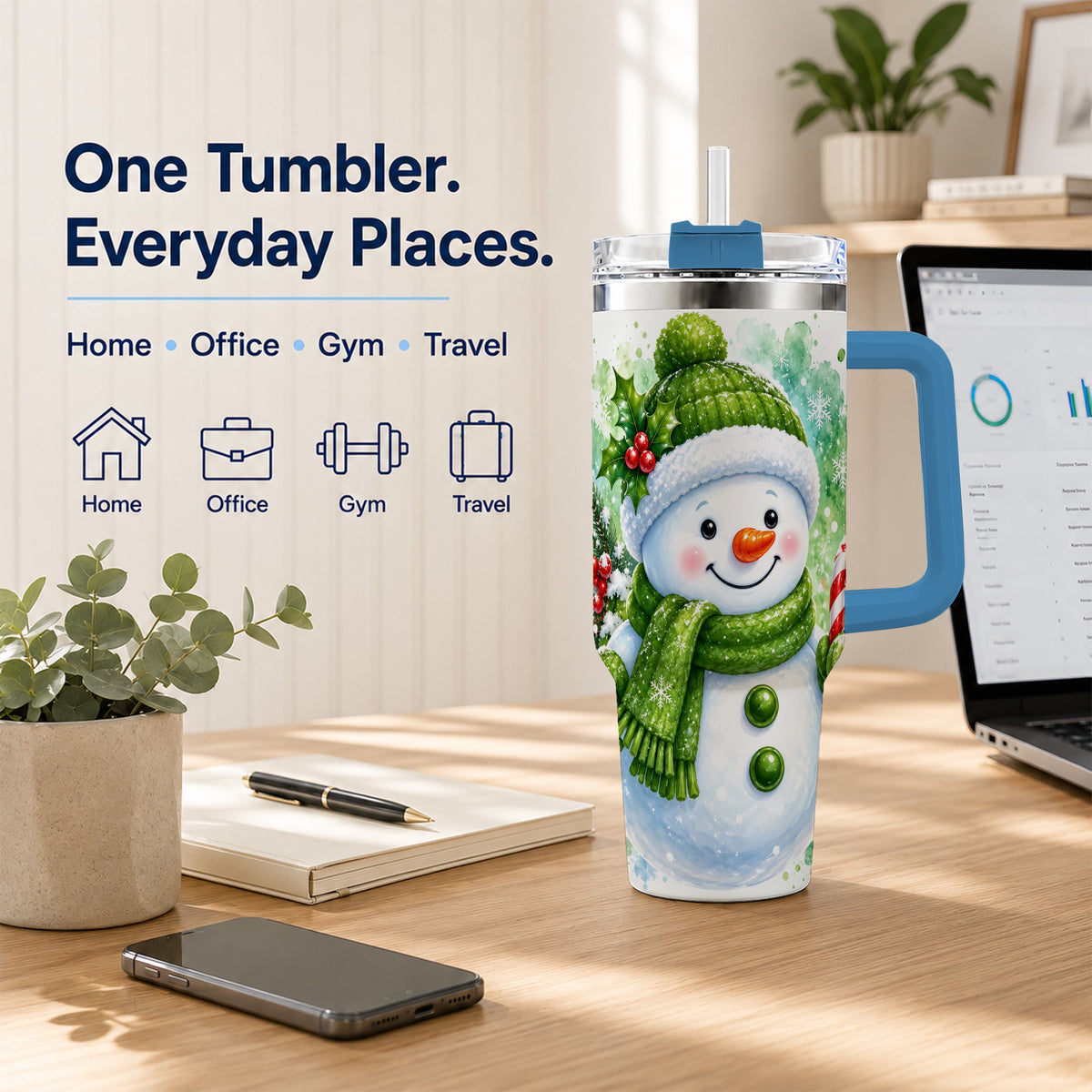 #pl[40oz|Blue] Green Snowman 40oz Tumbler with Handle, Christmas Steel Travel Cup