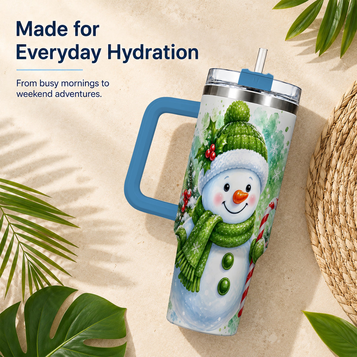#pl[40oz|Blue] Green Snowman 40oz Tumbler with Handle, Christmas Steel Travel Cup