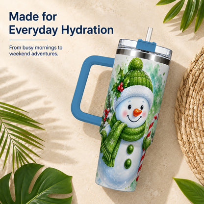 #pl[40oz|Blue] Green Snowman 40oz Tumbler with Handle, Christmas Steel Travel Cup