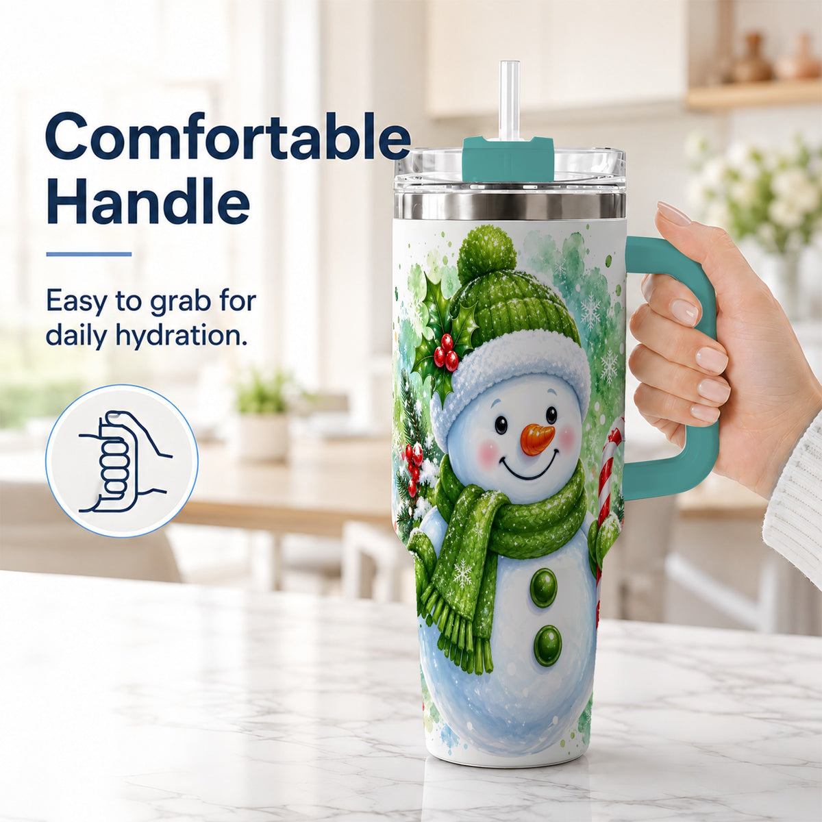 #pl[40oz|Green] Green Snowman 40oz Tumbler with Handle, Christmas Steel Travel Cup