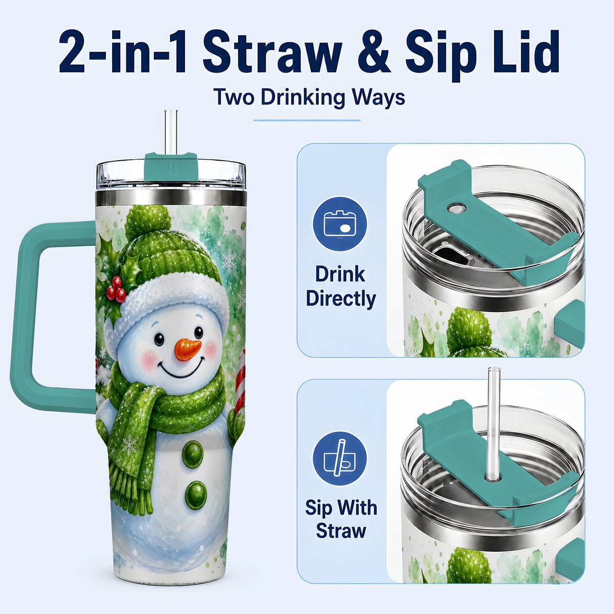 #pl[40oz|Green] Green Snowman 40oz Tumbler with Handle, Christmas Steel Travel Cup