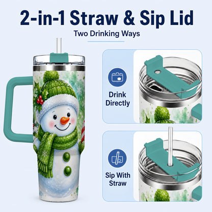 #pl[40oz|Green] Green Snowman 40oz Tumbler with Handle, Christmas Steel Travel Cup