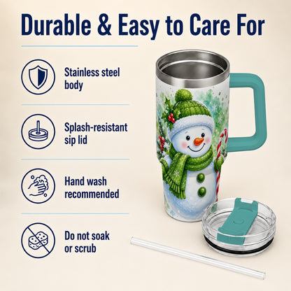 #pl[40oz|Green] Green Snowman 40oz Tumbler with Handle, Christmas Steel Travel Cup
