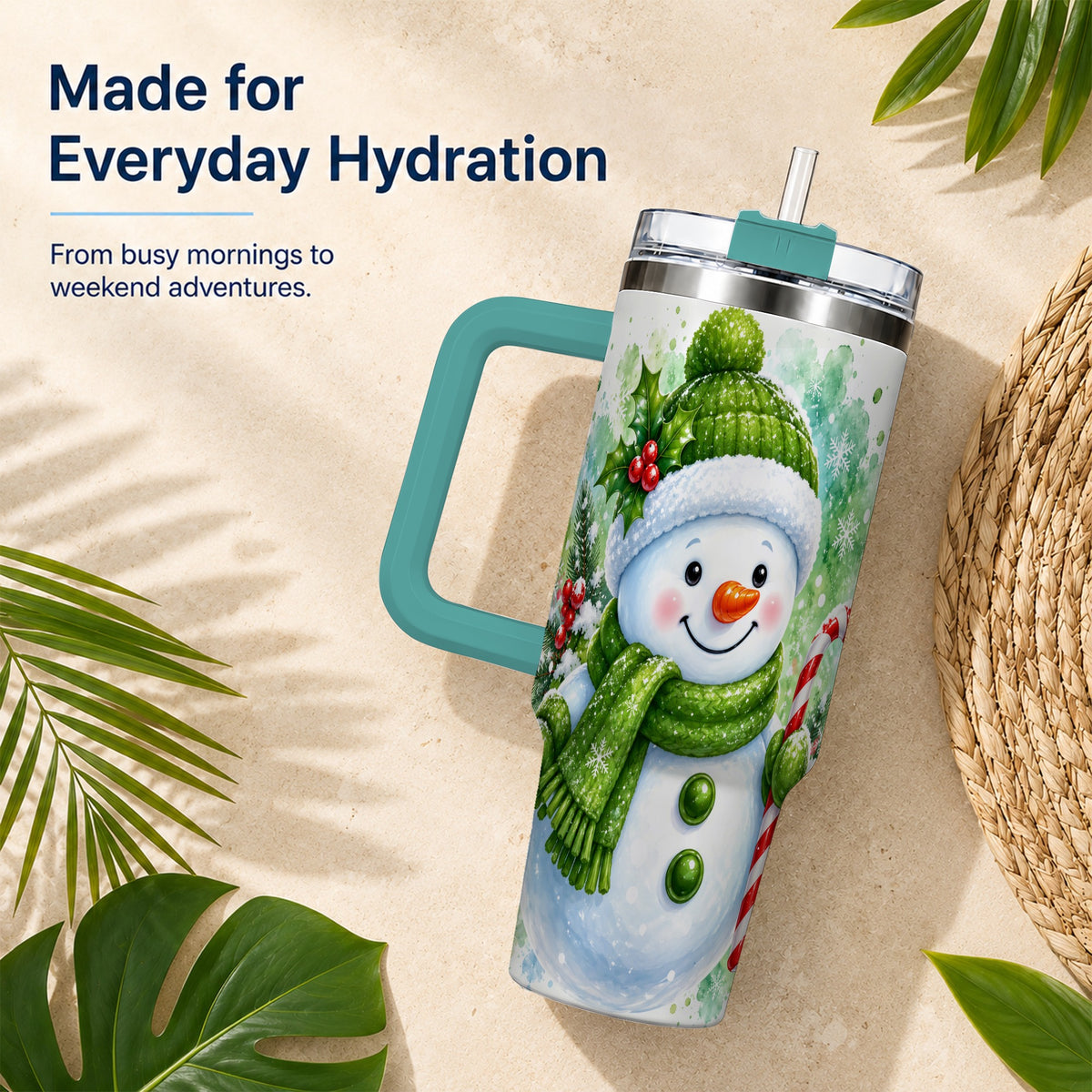 #pl[40oz|Green] Green Snowman 40oz Tumbler with Handle, Christmas Steel Travel Cup
