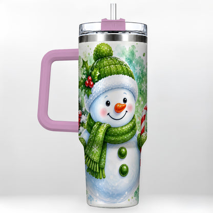 #pl[40oz|Pink] Green Snowman 40oz Tumbler with Handle, Christmas Steel Travel Cup