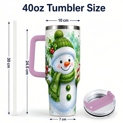 #pl[40oz|Pink] Green Snowman 40oz Tumbler with Handle, Christmas Steel Travel Cup