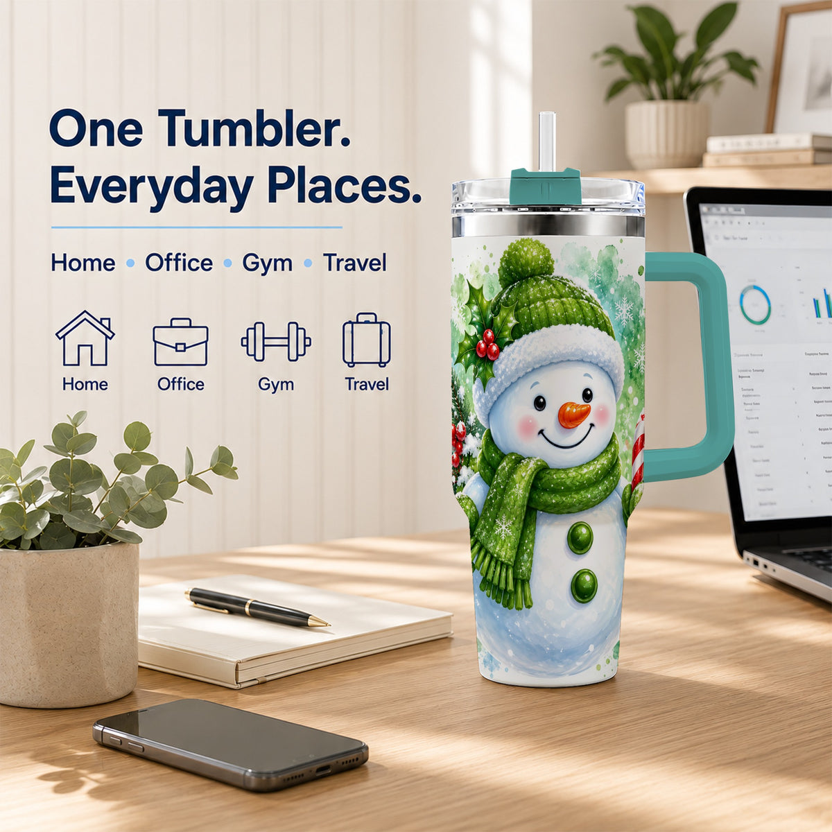 #pl[40oz|Green] Green Snowman 40oz Tumbler with Handle, Christmas Steel Travel Cup