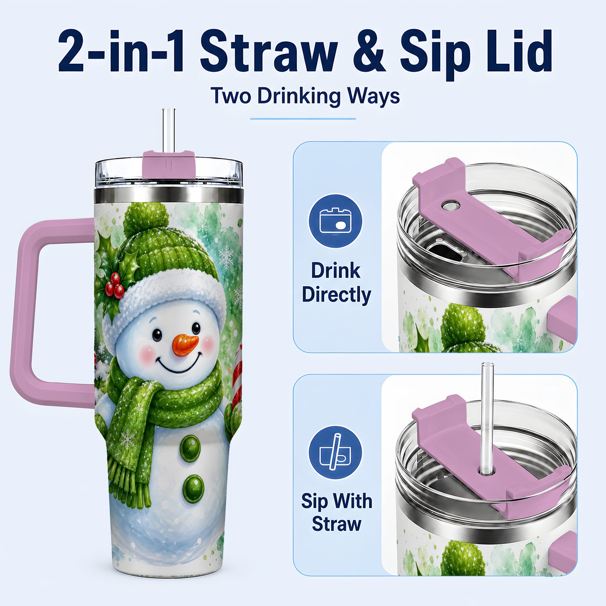 #pl[40oz|Pink] Green Snowman 40oz Tumbler with Handle, Christmas Steel Travel Cup