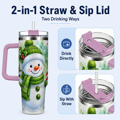 #pl[40oz|Pink] Green Snowman 40oz Tumbler with Handle, Christmas Steel Travel Cup