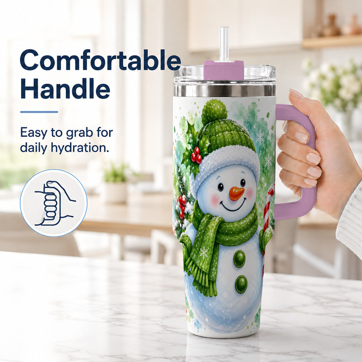 #pl[40oz|Pink] Green Snowman 40oz Tumbler with Handle, Christmas Steel Travel Cup