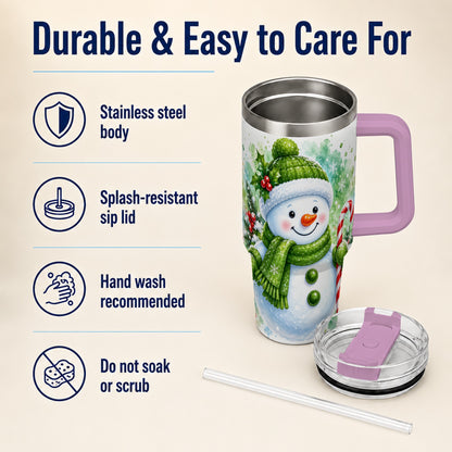 #pl[40oz|Pink] Green Snowman 40oz Tumbler with Handle, Christmas Steel Travel Cup