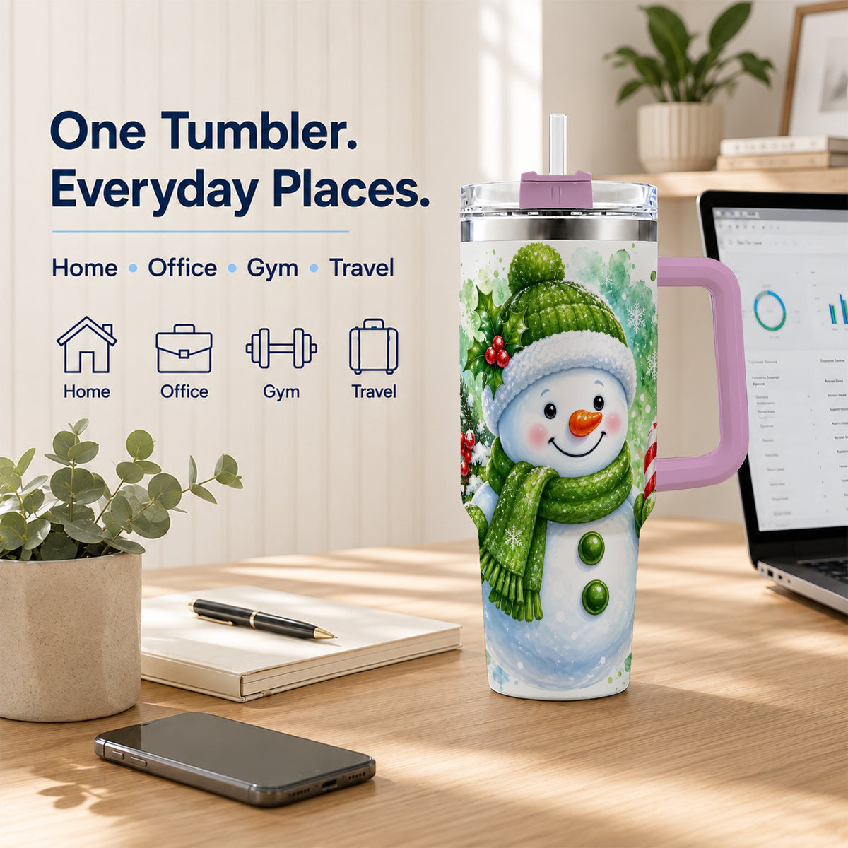 #pl[40oz|Pink] Green Snowman 40oz Tumbler with Handle, Christmas Steel Travel Cup