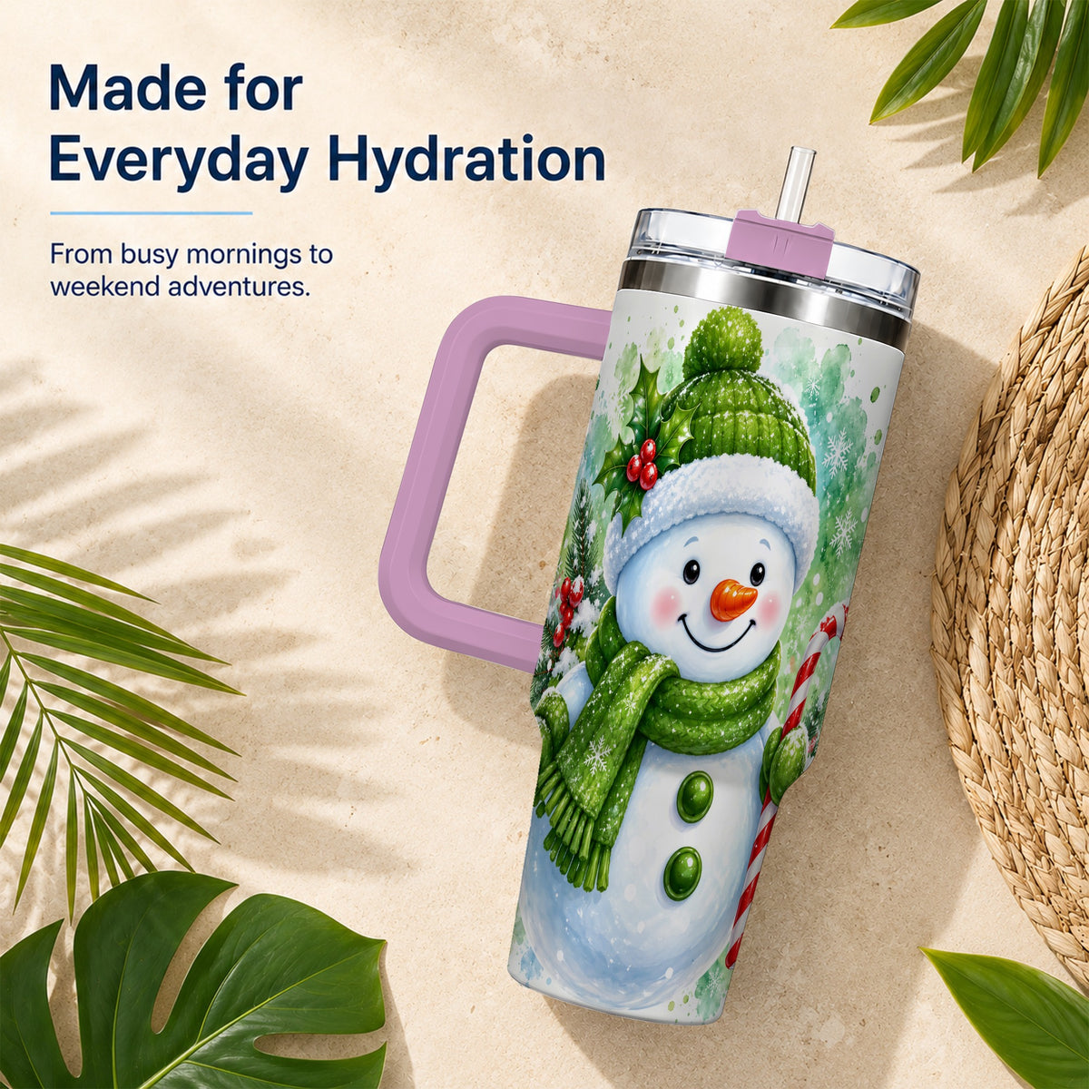 #pl[40oz|Pink] Green Snowman 40oz Tumbler with Handle, Christmas Steel Travel Cup
