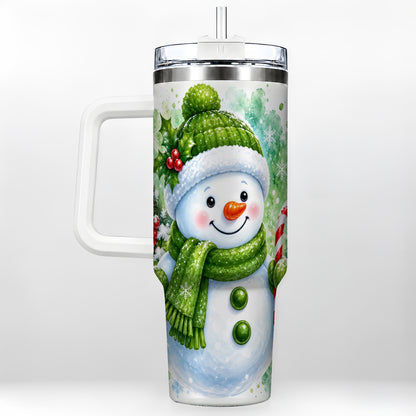 Green Snowman 40oz Tumbler with Handle, Christmas Steel Travel Cup
