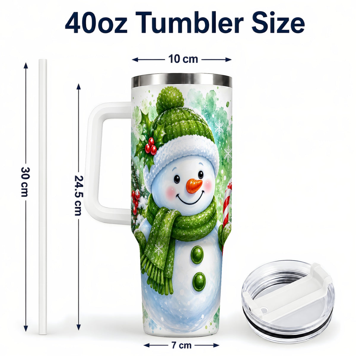 #pl[40oz|White] Green Snowman 40oz Tumbler with Handle, Christmas Steel Travel Cup