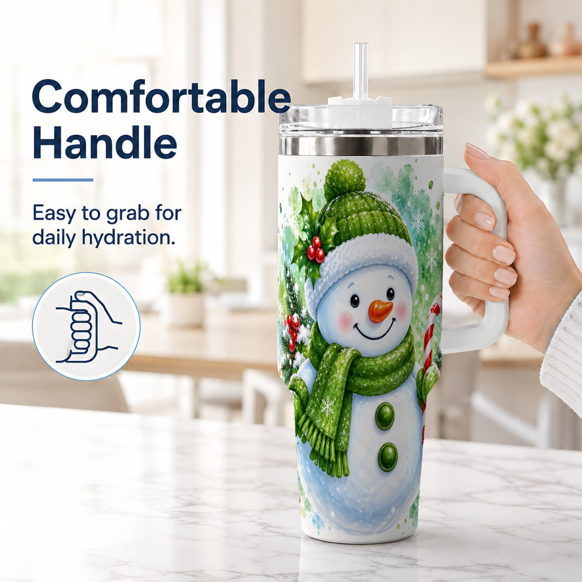 #pl[40oz|White] Green Snowman 40oz Tumbler with Handle, Christmas Steel Travel Cup