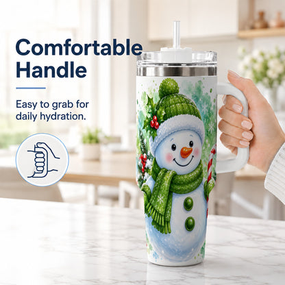 #pl[40oz|White] Green Snowman 40oz Tumbler with Handle, Christmas Steel Travel Cup