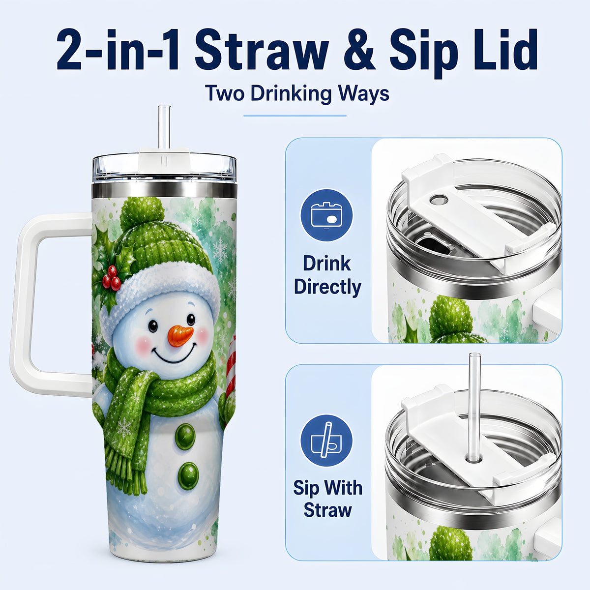 #pl[40oz|White] Green Snowman 40oz Tumbler with Handle, Christmas Steel Travel Cup
