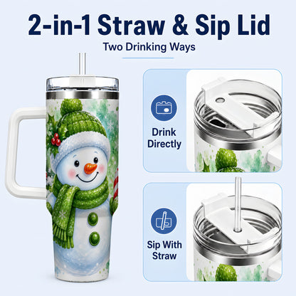 #pl[40oz|White] Green Snowman 40oz Tumbler with Handle, Christmas Steel Travel Cup