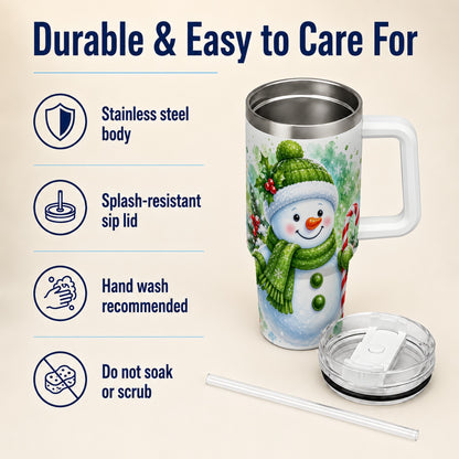 #pl[40oz|White] Green Snowman 40oz Tumbler with Handle, Christmas Steel Travel Cup