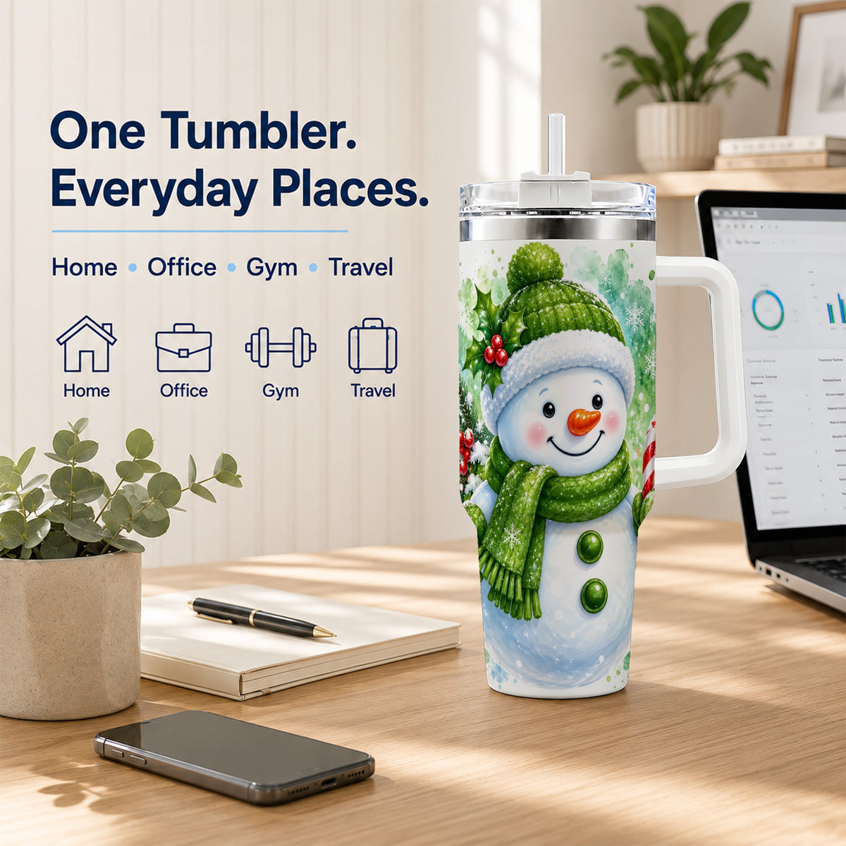 #pl[40oz|White] Green Snowman 40oz Tumbler with Handle, Christmas Steel Travel Cup
