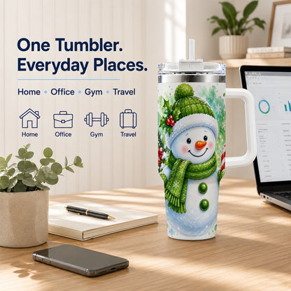 #pl[40oz|White] Green Snowman 40oz Tumbler with Handle, Christmas Steel Travel Cup