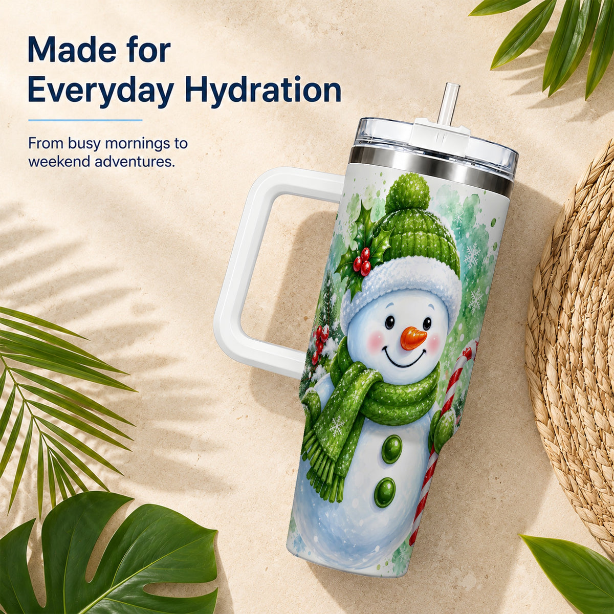 #pl[40oz|White] Green Snowman 40oz Tumbler with Handle, Christmas Steel Travel Cup