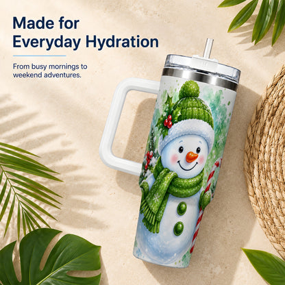 #pl[40oz|White] Green Snowman 40oz Tumbler with Handle, Christmas Steel Travel Cup