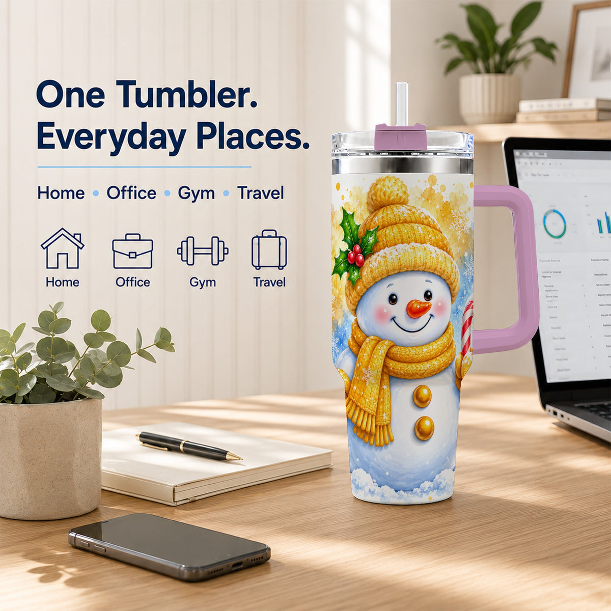 #pl[40oz|Pink] Snowman Christmas 40oz Tumbler, Winter Stainless Steel Travel Cup