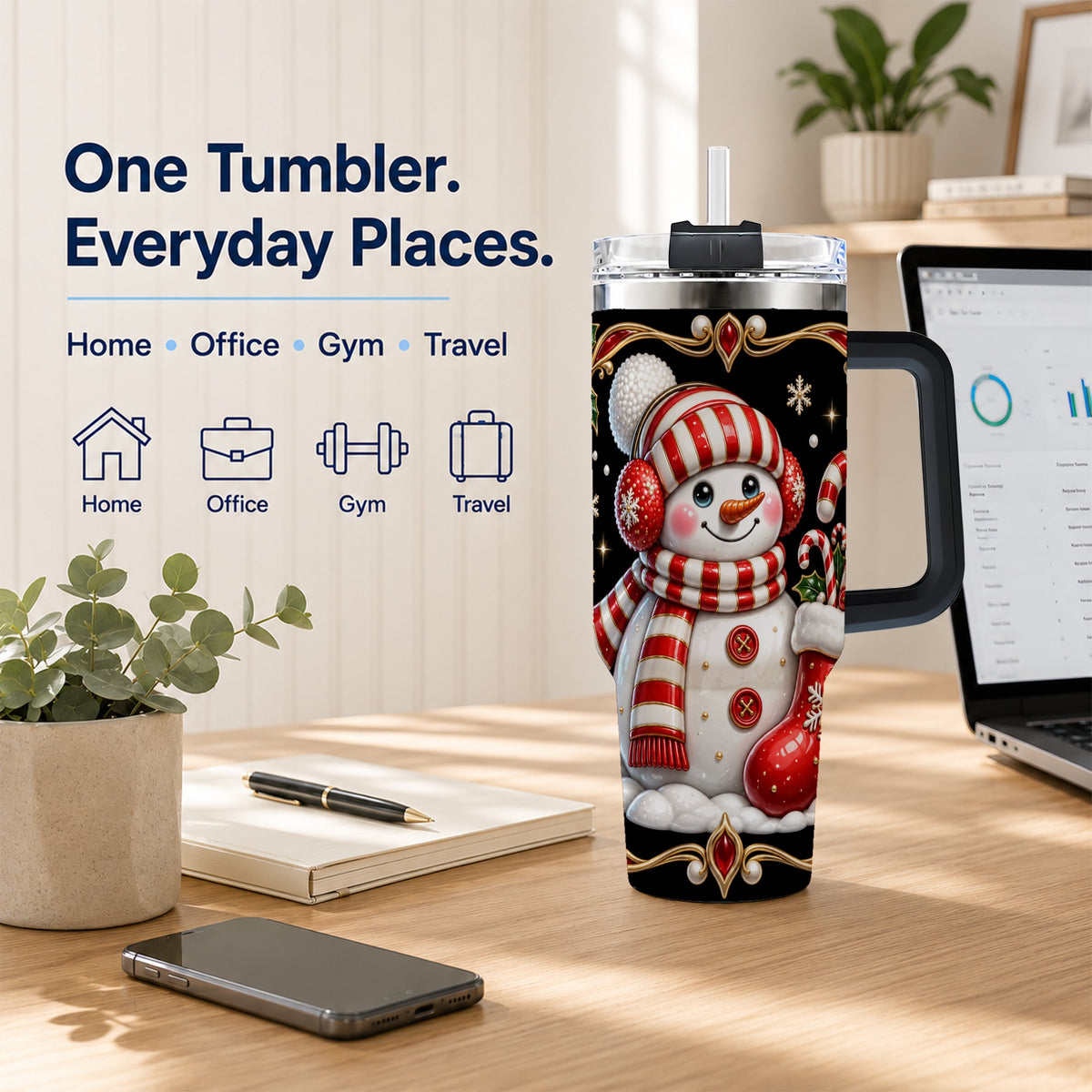 #pl[40oz|Black] Snowman Candy Cane 40oz Tumbler, Christmas Stainless Steel Travel Cup