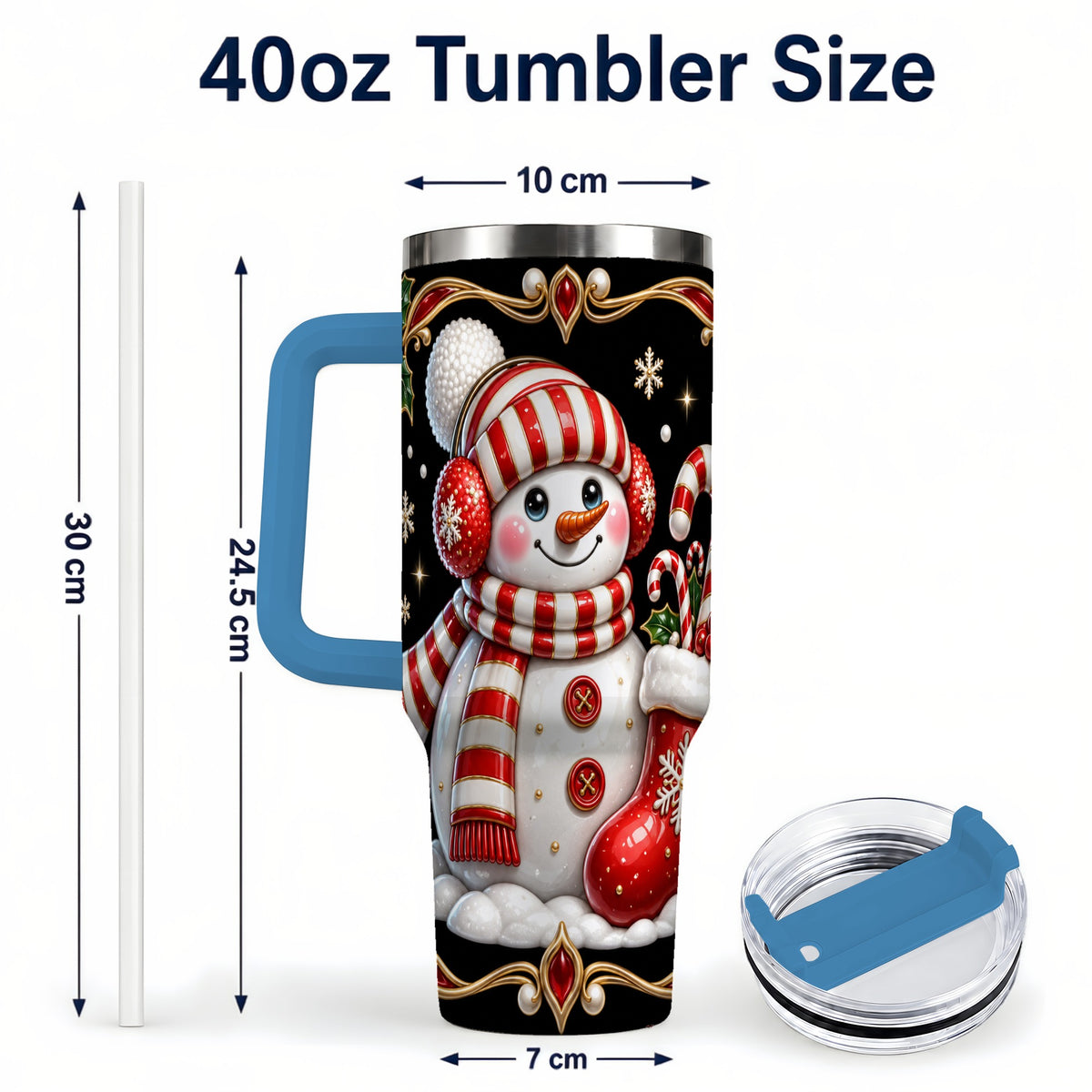 #pl[40oz|Blue] Snowman Candy Cane 40oz Tumbler, Christmas Stainless Steel Travel Cup