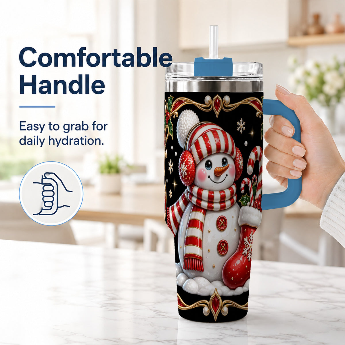 #pl[40oz|Blue] Snowman Candy Cane 40oz Tumbler, Christmas Stainless Steel Travel Cup