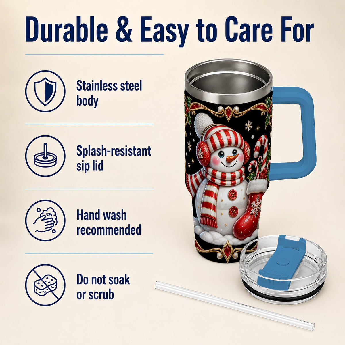 #pl[40oz|Blue] Snowman Candy Cane 40oz Tumbler, Christmas Stainless Steel Travel Cup