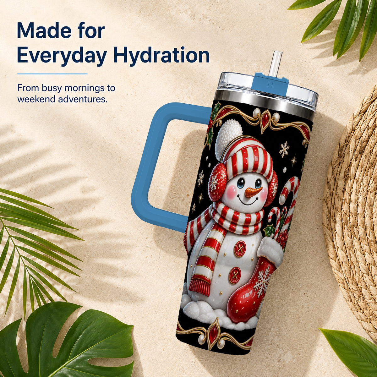 #pl[40oz|Blue] Snowman Candy Cane 40oz Tumbler, Christmas Stainless Steel Travel Cup