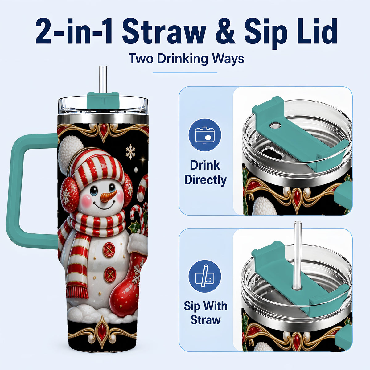 #pl[40oz|Green] Snowman Candy Cane 40oz Tumbler, Christmas Stainless Steel Travel Cup