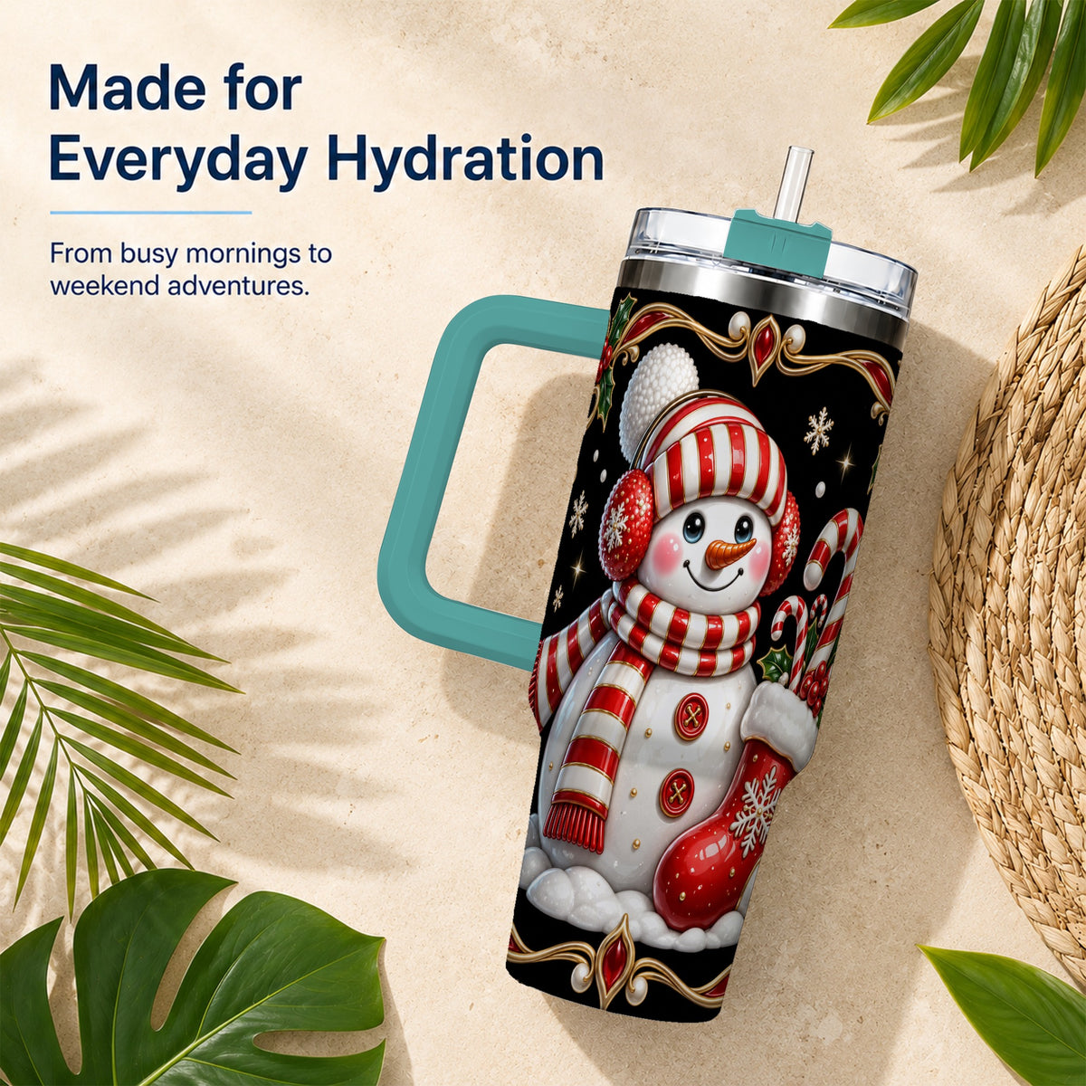 #pl[40oz|Green] Snowman Candy Cane 40oz Tumbler, Christmas Stainless Steel Travel Cup
