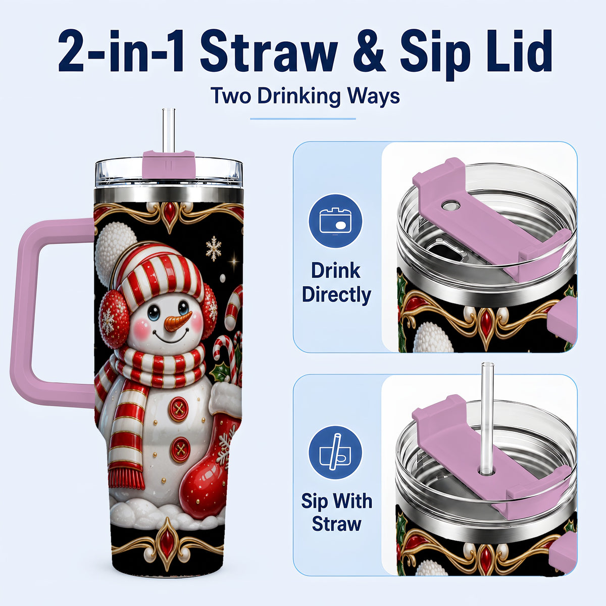 #pl[40oz|Pink] Snowman Candy Cane 40oz Tumbler, Christmas Stainless Steel Travel Cup