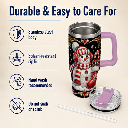 #pl[40oz|Pink] Snowman Candy Cane 40oz Tumbler, Christmas Stainless Steel Travel Cup