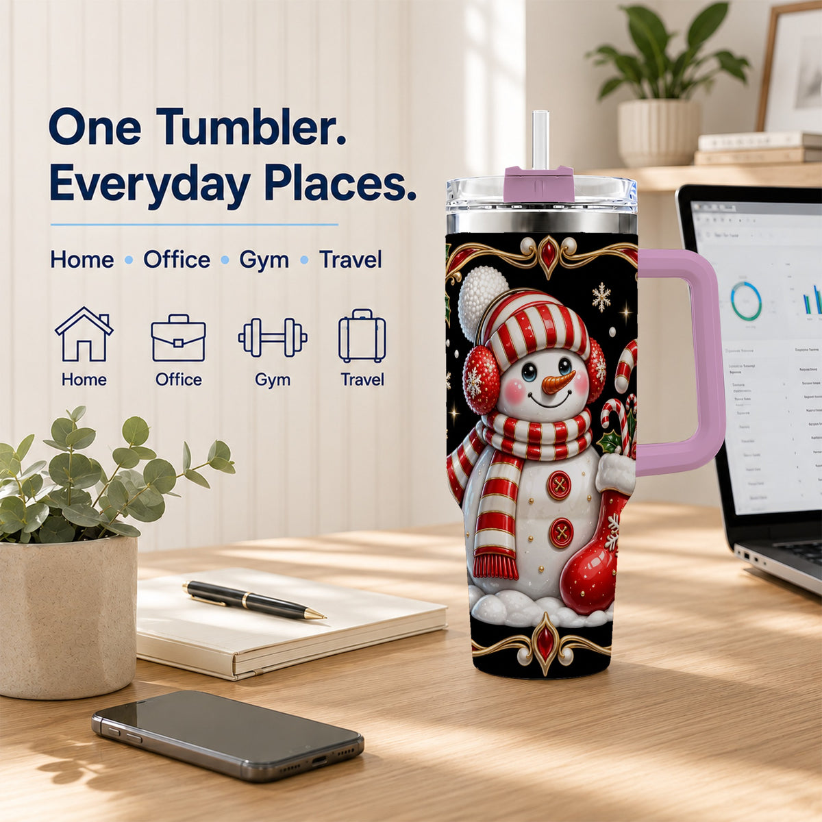 #pl[40oz|Pink] Snowman Candy Cane 40oz Tumbler, Christmas Stainless Steel Travel Cup