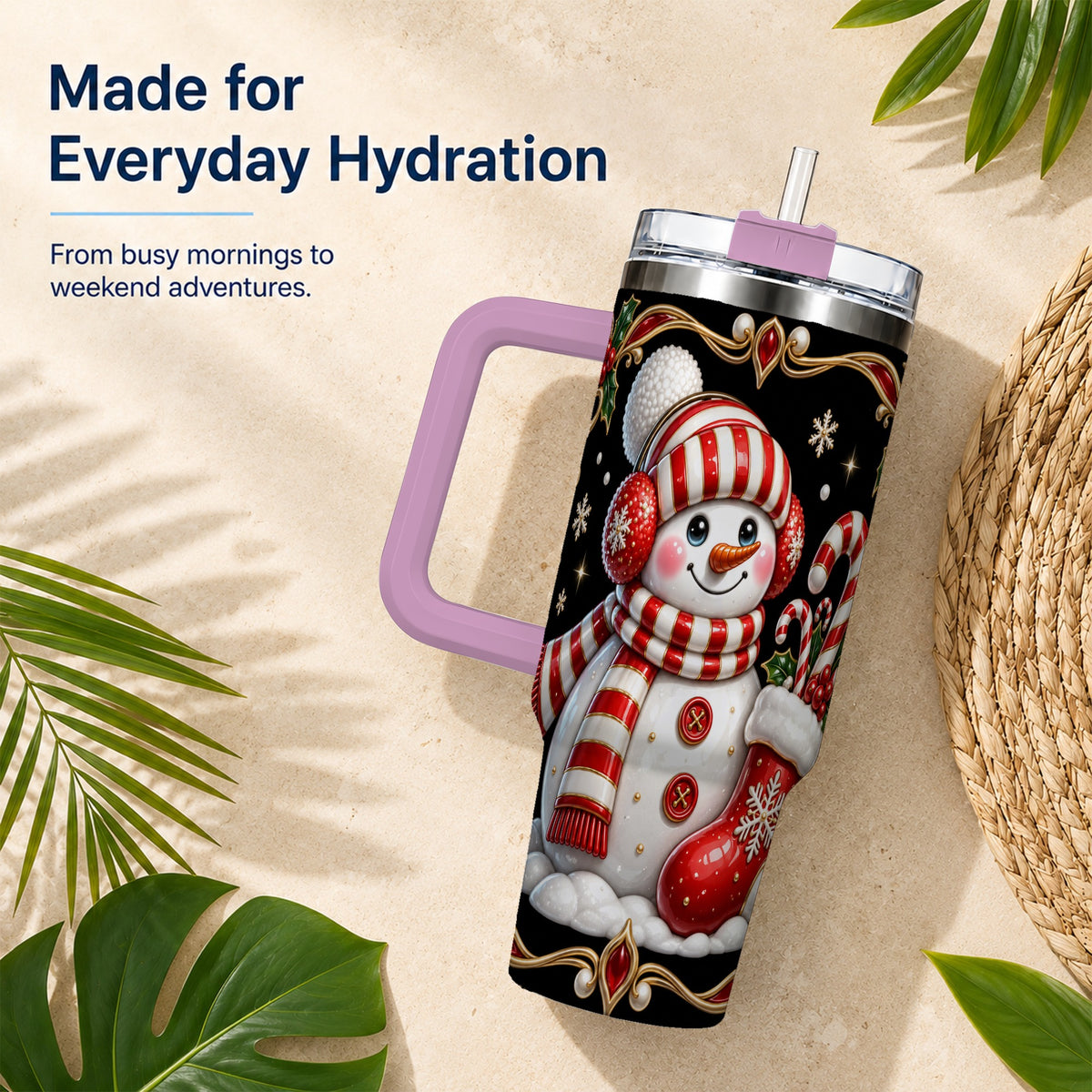 #pl[40oz|Pink] Snowman Candy Cane 40oz Tumbler, Christmas Stainless Steel Travel Cup