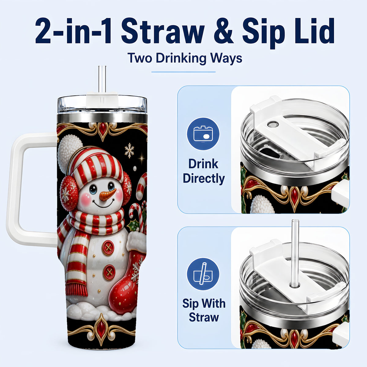 #pl[40oz|White] Snowman Candy Cane 40oz Tumbler, Christmas Stainless Steel Travel Cup