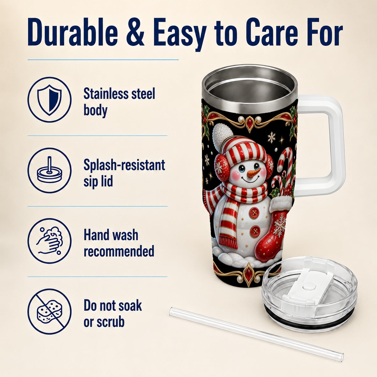 #pl[40oz|White] Snowman Candy Cane 40oz Tumbler, Christmas Stainless Steel Travel Cup